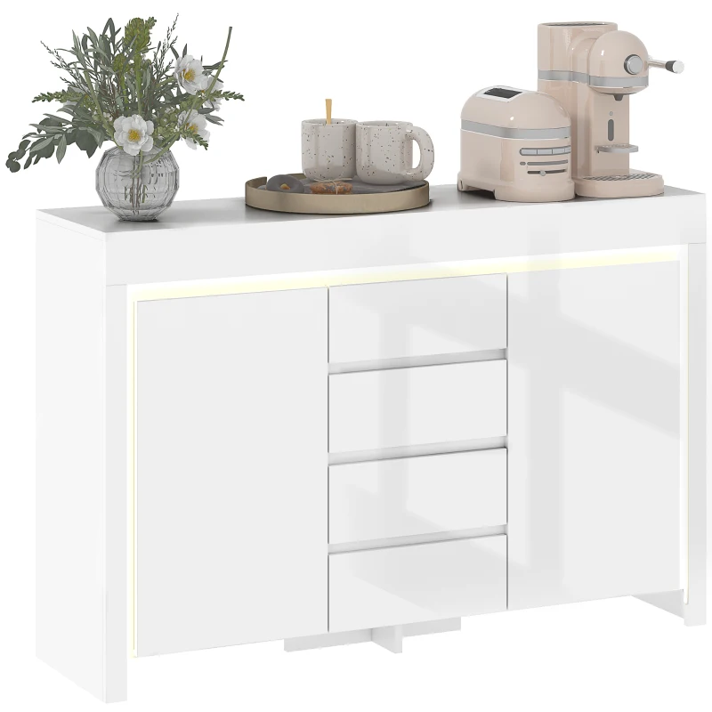 HOMCOM Aparador Sala de Estar com Luzes LED 4 Gavetas Prateleiras Ajustáveis e Controlo Remoto 120x34x80 cm Branco Brilhante