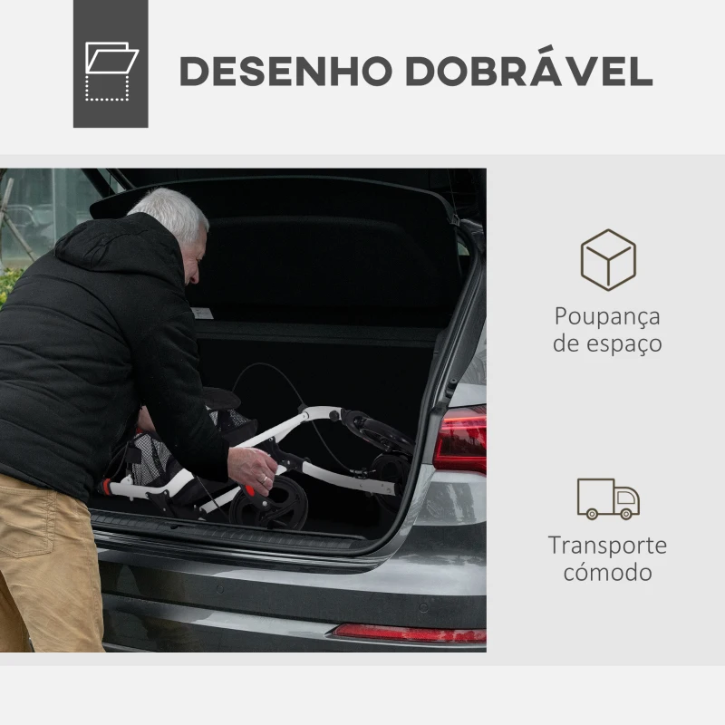 HOMCOM Andarilho para Idosos Dobrável de Alumínio com Altura Ajustável Travão e Bolsa de Transporte 64,5x54x90-102 cm Preto e Branco