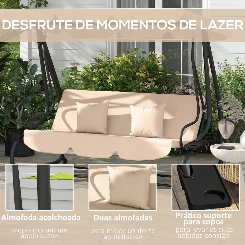 Outsunny Banco Baloiço de Jardim com 3 Lugares 2 em 1 com Toldo Ajustável Bandejas Laterais e Almofadas p 200x120x164 cm Bege