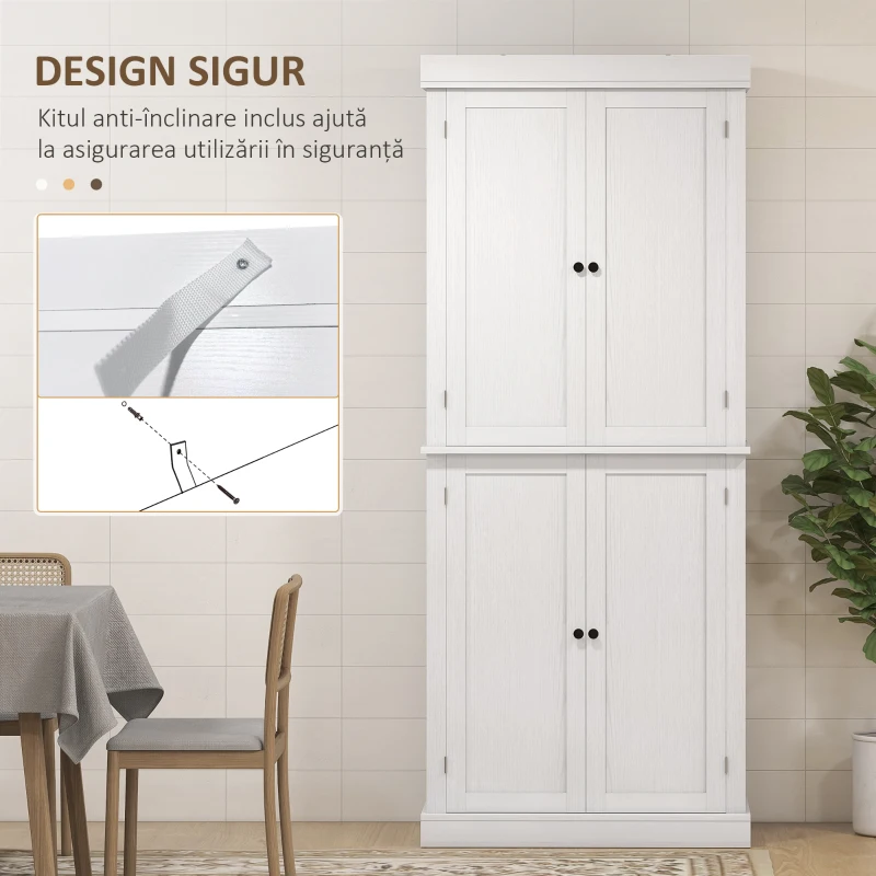 HOMCOM Dulap Înalt de Bucătărie cu 6 Rafturi și 2 Uși, Dulap cu Rafturi Reglabile din Lemn, 76x40,5x184 cm, Alb