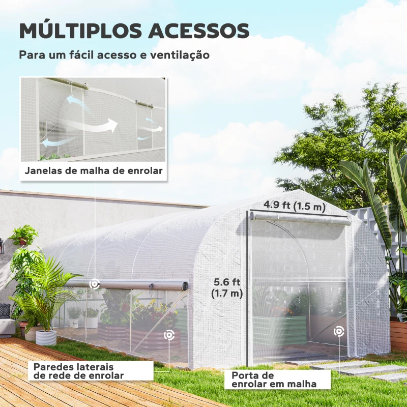 Outsunny Estufa tipo Túnel 6x3x2 m com 8 Janelas Cobertura de PE Anti UV e Porta Enrolável e Paredes Laterais Branco