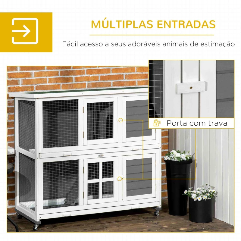 PawHut Coelheira de Madeira de 2 Níveis Gaiola para Coelhos com Rodas e 2 Bandejas Amovíveis 119x50,5x109 cm Branco e Cinza
