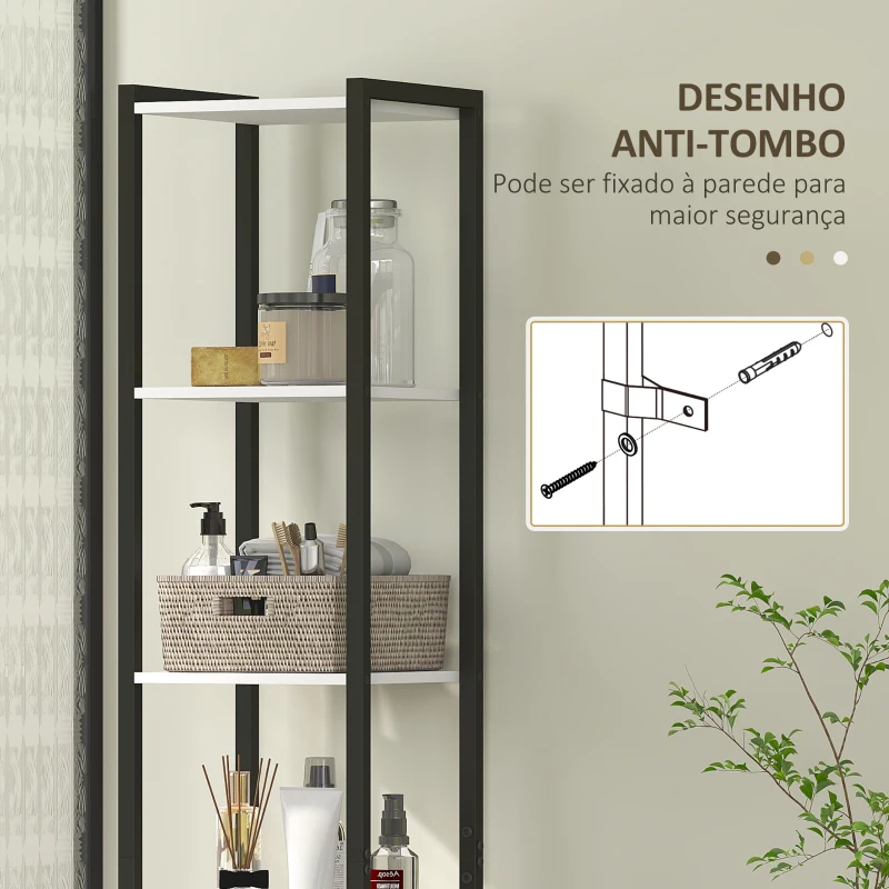 HOMCOM Coluna Casa de Banho Armário Alto Casa de Banho com 3 Prateleiras Abertas e Prateleira Ajustável 30x30x170 cm Branco e Madeira