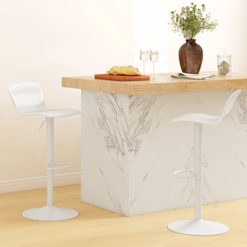 HOMCOM Set 2 Scaune de Bar cu Spătar Ergonomic,  Suport pentru Picioare și Șezut Rotativ, 38,5x40x76,5-97,5 cm, Alb