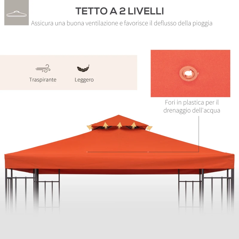 Outsunny Copertura per Gazebo 3x3 m a 2 Livelli in Poliestere Resistente con 8 Fori di Drenaggio, Rosso Ruggine
