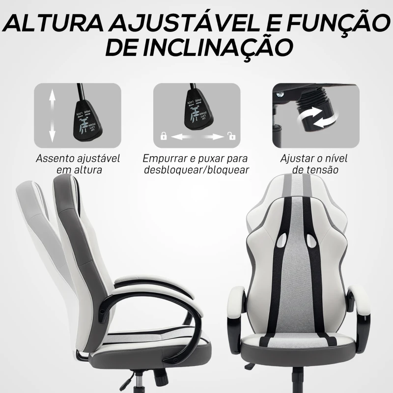 HOMCOM Cadeira Gaming com Altura Ajustável e Suporte Lombar para Casa Escritório 61x63x111-120,5 cm Cinzento