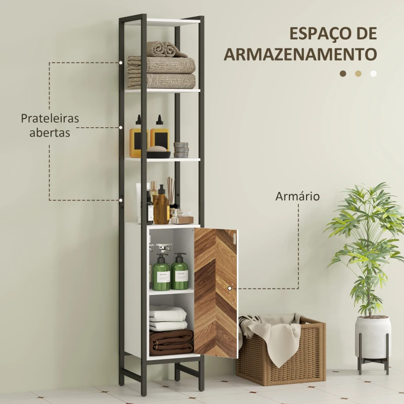 HOMCOM Coluna Casa de Banho Armário Alto Casa de Banho com 3 Prateleiras Abertas e Prateleira Ajustável 30x30x170 cm Branco e Madeira
