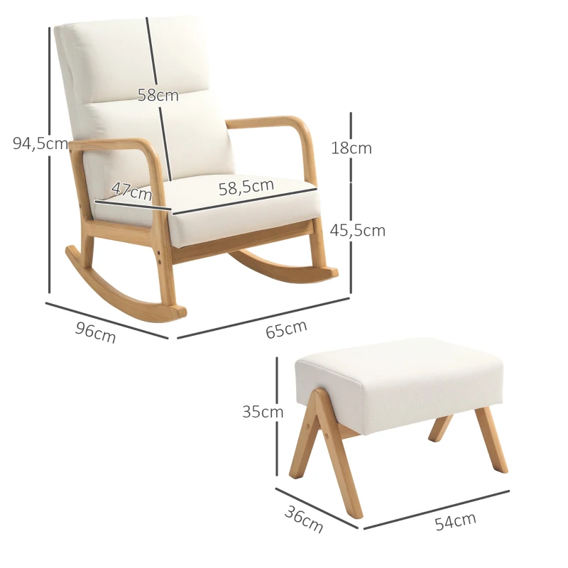 HOMCOM Schommelstoel met Kruk, Zachte Bekleding, Linnenlook, Houten Frame, Crèmewit(m-3)