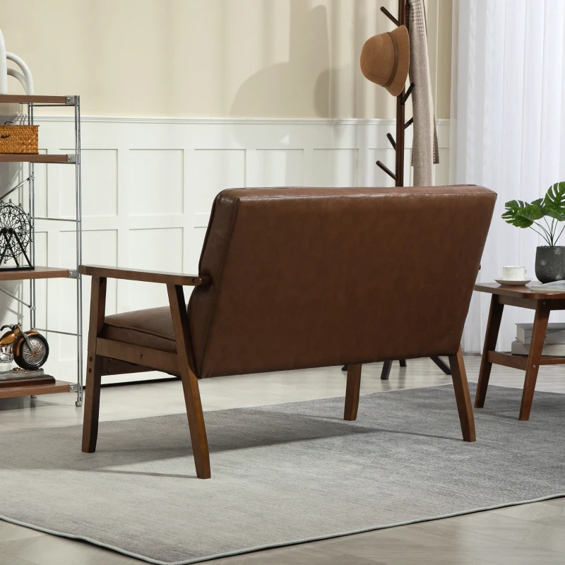 HOMCOM Sofá de 2 Lugares Estofado em Couro PU com Apoio para os Braços de Madeira para Sala de Estar Dormitório115x70x81 cm Marrom