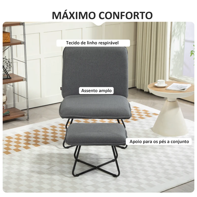 HOMCOM Poltrona Sala de Estar com Apoio para os Pés Poltrona Relax com Pés de Aço em Forma de Cruz Cinza Escuro