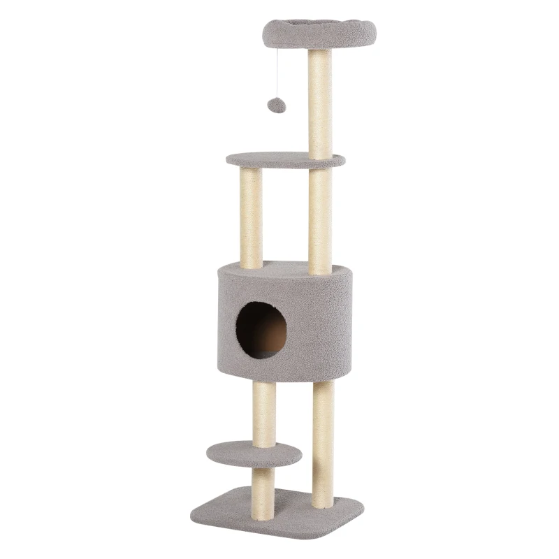 PawHut Arranhador para Gatos Altura 148 cm Arranhador para Gatos com Postes de Sisal 3 Plataformas Casa e Bola Suspensa Cinza