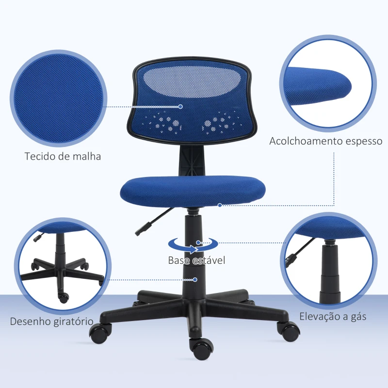 HOMCOM Cadeira de Escritório sem Apoio para os Braços com Encosto de Malha Respirável Altura Ajustável 43x48x78-88 cm Azul