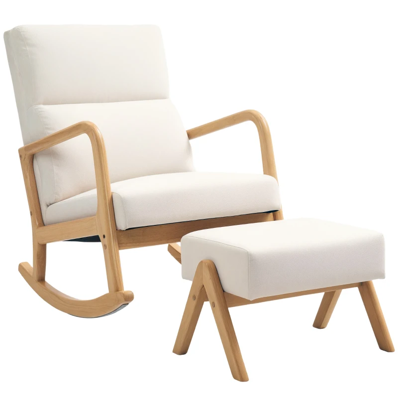 HOMCOM Schommelstoel met Kruk, Zachte Bekleding, Linnenlook, Houten Frame, Crèmewit(m-11)