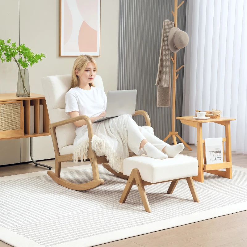 HOMCOM Schommelstoel met Kruk, Zachte Bekleding, Linnenlook, Houten Frame, Crèmewit(m-2)
