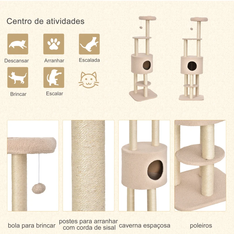 PawHut Arranhador para Gatos Altura 148 cm Arranhador para Gatos com Postes de Sisal 3 Plataformas Casa e Bola Suspensa Bege