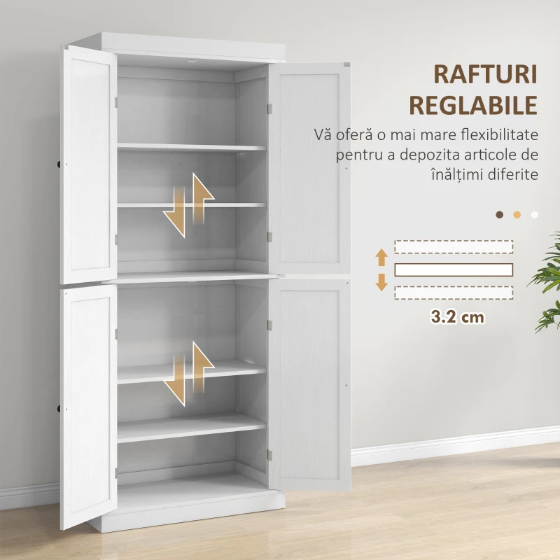 HOMCOM Dulap Înalt de Bucătărie cu 6 Rafturi și 2 Uși, Dulap cu Rafturi Reglabile din Lemn, 76x40,5x184 cm, Alb