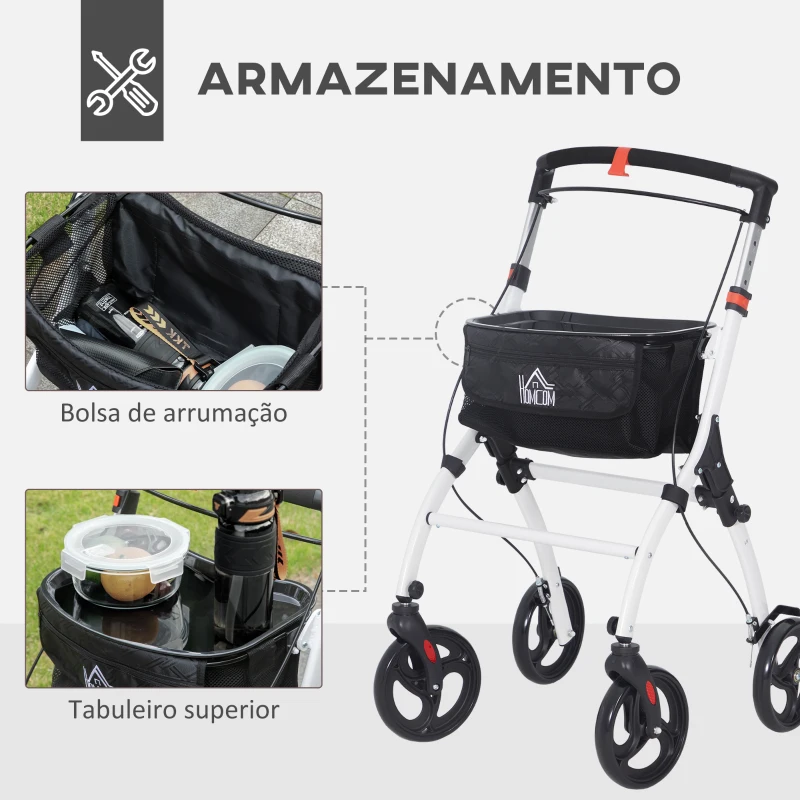 HOMCOM Andarilho para Idosos Dobrável de Alumínio com Altura Ajustável Travão e Bolsa de Transporte 64,5x54x90-102 cm Preto e Branco