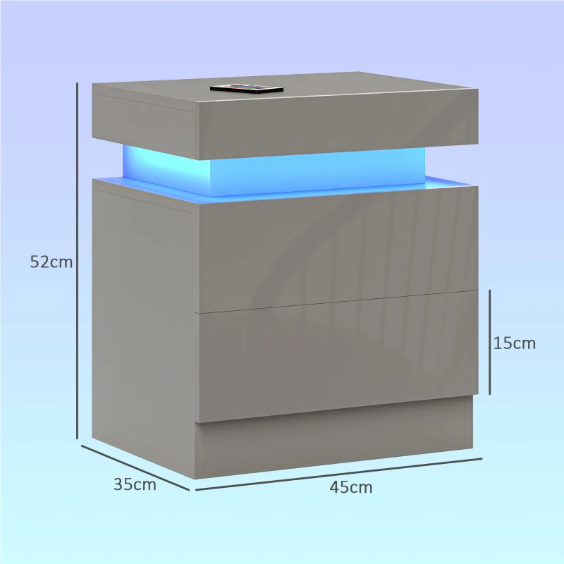HOMCOM Mesa de Cabeceira com Luz LED Painel de Alto Brilho 2 Gavetas e Controlo Remoto para Dormitório 45x35x52 cm Cinzento