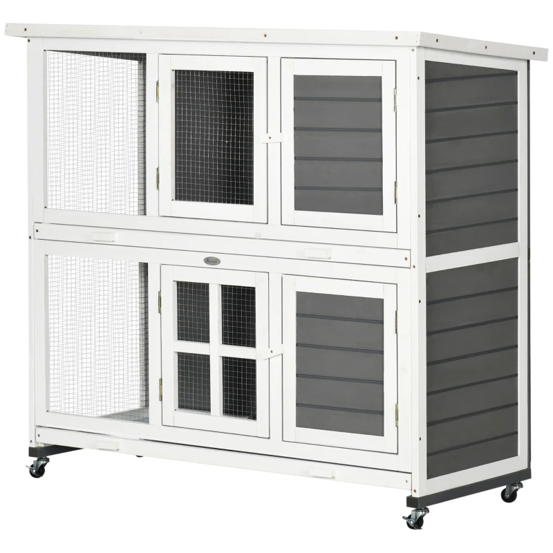 PawHut Coelheira de Madeira de 2 Níveis Gaiola para Coelhos com Rodas e 2 Bandejas Amovíveis 119x50,5x109 cm Branco e Cinza