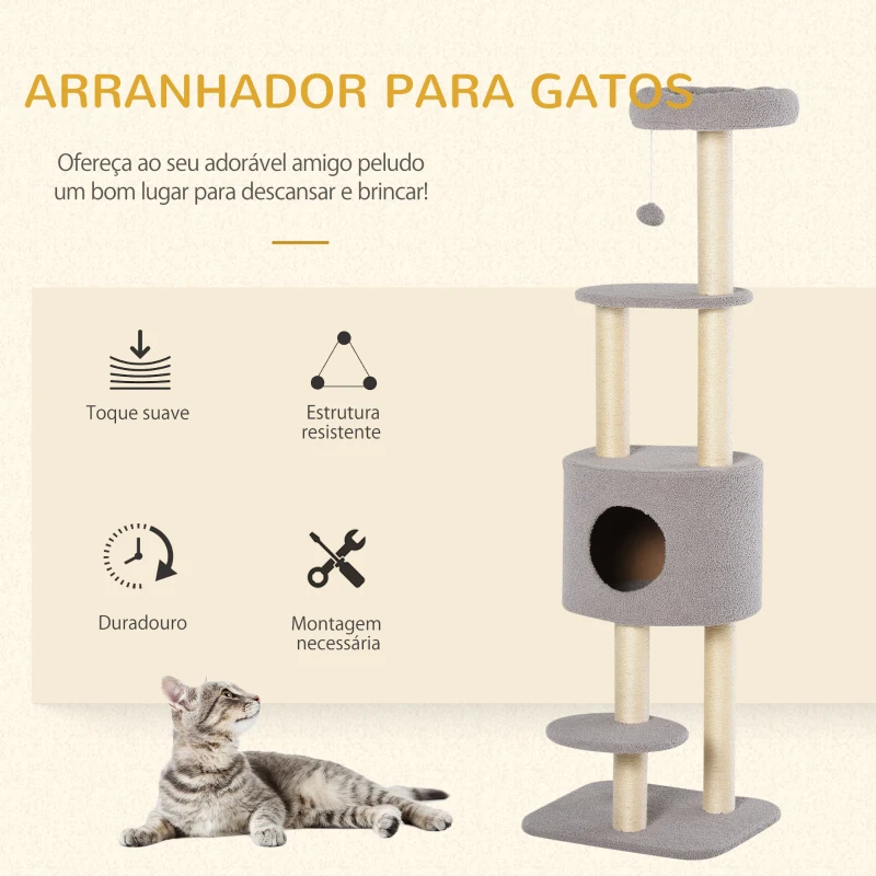 PawHut Arranhador para Gatos Altura 148 cm Arranhador para Gatos com Postes de Sisal 3 Plataformas Casa e Bola Suspensa Cinza