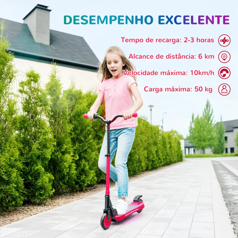 SPORTNOW Trotinete Elétrica Dobrável para Crianças 120 W Autonomia 6 km e Máximo 10 km/h com Travão Luzes LED 74x52x83-87 cm Vermelho