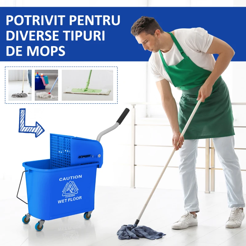 HOMCOM Cărucior Profesional pentru Curățenie cu Găleată pentru Mop de 20L, 60x27x70,5 cm, Albastru