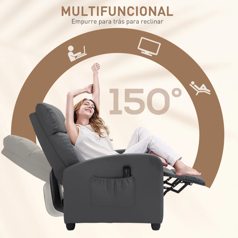 HOMCOM Poltrona de Massagem Reclinável com 2 Zonas de Massagem 8 Programas e 5 Níveis de Intensidade 68x88x98 cm Cinzento