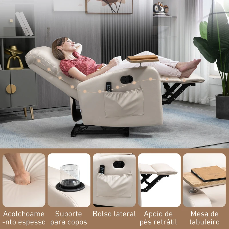 HOMCOM Poltrona de Massagem Poltrona Relax Elétrica com 4 Modos de Vibração Reclinação 145° Estofada em Microfibra Controlo Remoto Mesa 2 Bolsos Laterais e Suporte para Copos 77x93x105cm Bege
