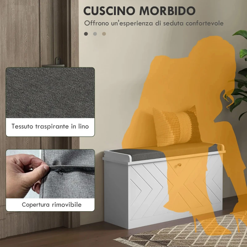 HOMCOM Panca Scarpiera Salvaspazio con Cuscino e Cassetto Ribaltabile per 8 Paia di Scarpe, Bianco