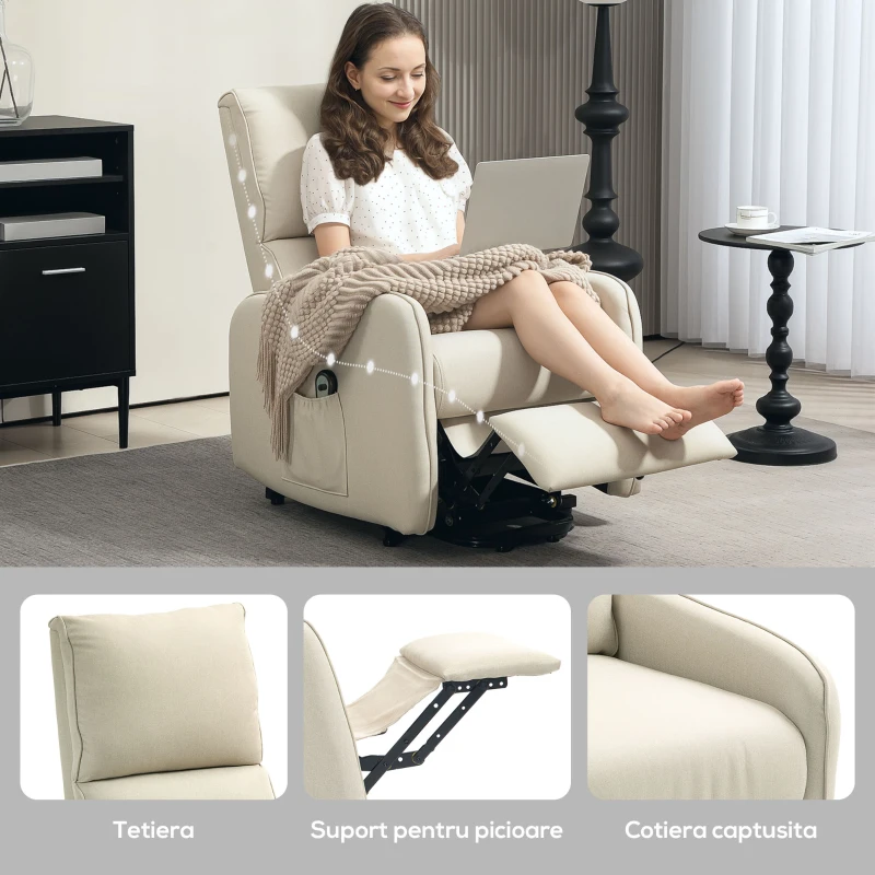 HOMCOM Fotoliu cu Ridicare Electrică la 135°, Telecomandă, Suport pentru Picioare și Buzunar Lateral, 62x86,5x98 cm, Bej