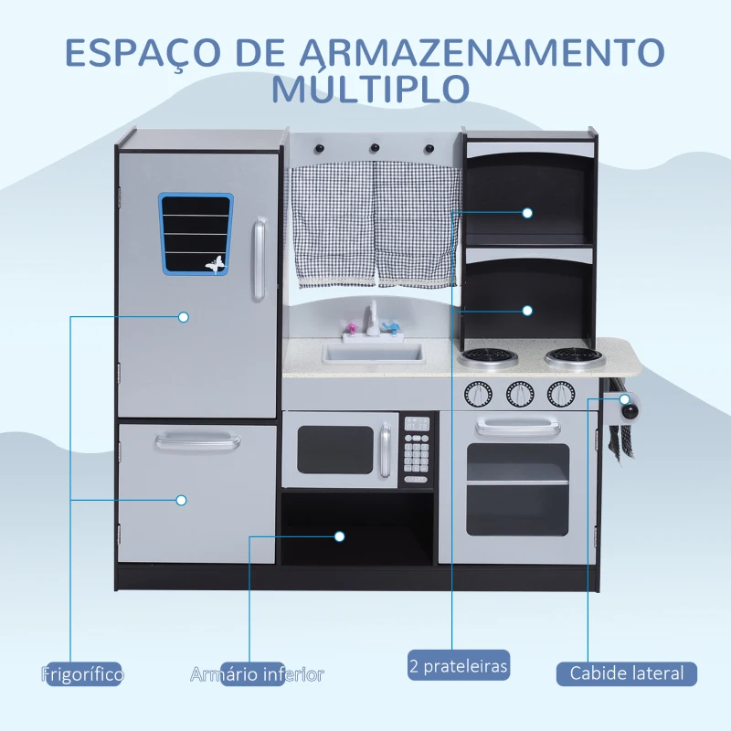 HOMCOM Cozinha de Brinquedo Infantil Cozinha de Madeira para Crianças com Acessórios Cozinha para Crianças com Forno Micro-Ondas Lavatório 105x31,5x95 cm Cinza e Preto