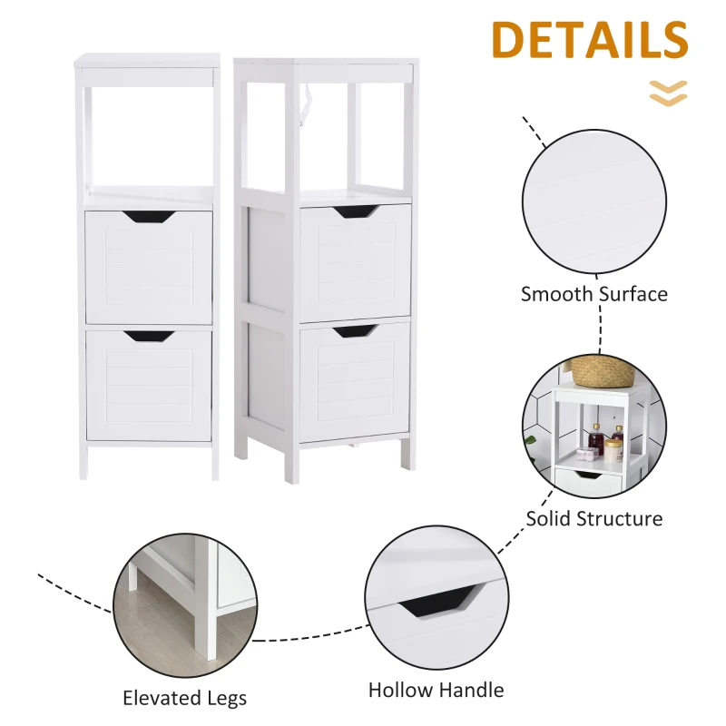Kleankin Multi-functional Bathroom Cabinet Open Shelf 2 Drawers Storage Rack Organizer Space-saving Simple Style White