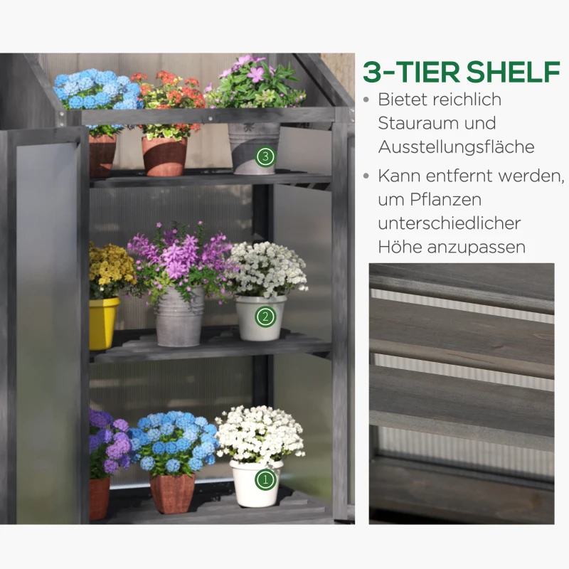 Outsunny Mini-Kas, Kleine Kas met Houten Frame, Ramen en Dubbele Deur, 3 Planken, 70L x 50B x 120H cm, Grijs(m-5)