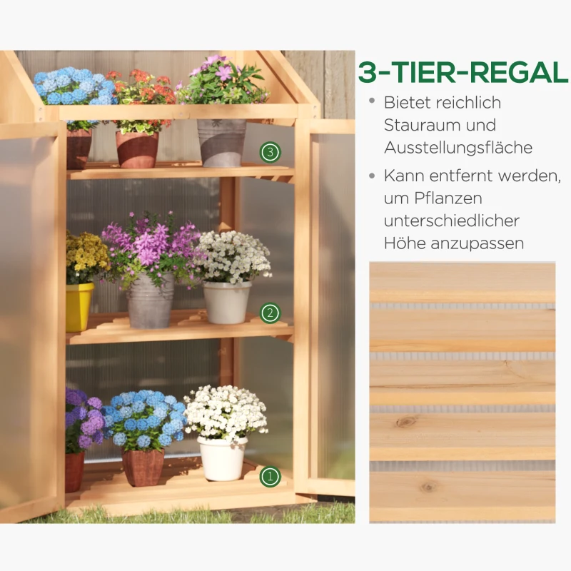 Outsunny Mini-kas, Klein Kas met Houten Frame, Vensters en Dubbele Deur, 3 Planken, 70L x 50B x 120H cm, Bruin(m-5)