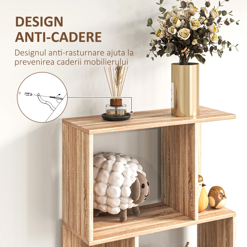 HOMCOM Bibliotecă cu 5 Rafturi Separate cu Spațiu de Economisire în Formă de S din Lemn, 60x24x184,5 cm, Lemn Natural