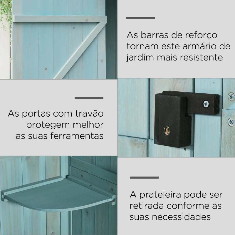 Outsunny Armário de Jardim de Madeira 77x54,2x179 cm 0,3 m² Armário de Armazenamento com 3 Prateleiras e 2 Portas Azul Claro