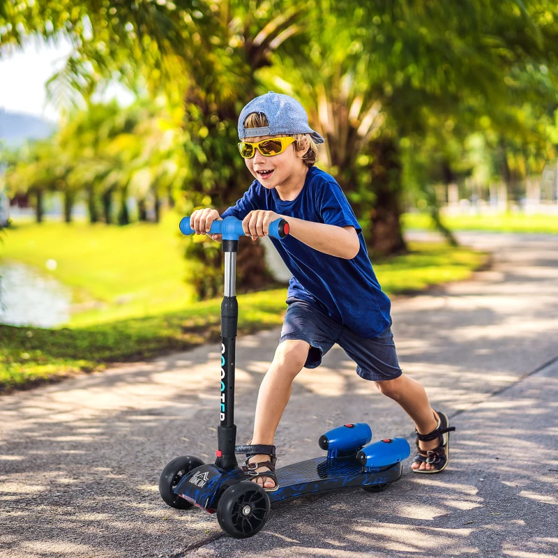 HOMCOM Scooter for Kids Toddler 3 Wheel Adjustable Height w/ Flashing Wheels Music Water Spray Foldable Kick Scooter for Boys and Girls 3 - 6 Yrs Blue