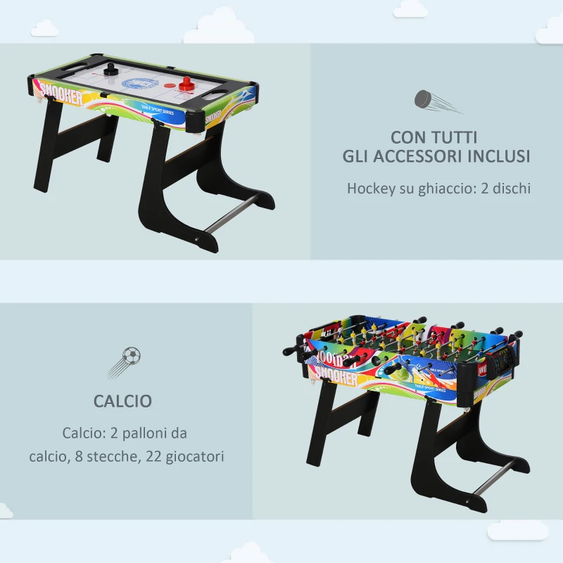 HOMCOM Tavolo da Gioco 4 in 1 Pieghevole per Calcio-Balilla, Biliardo, Air Hockey e Ping Pong, in MDF e Plastica