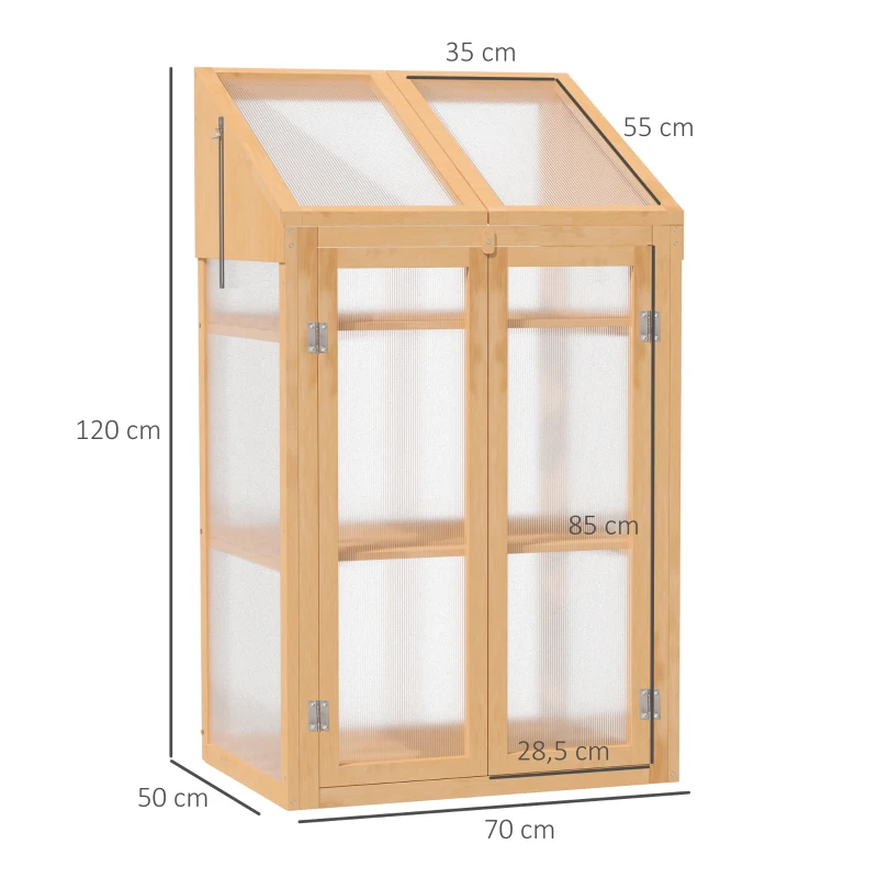 Outsunny Mini-kas, Klein Kas met Houten Frame, Vensters en Dubbele Deur, 3 Planken, 70L x 50B x 120H cm, Bruin(m-3)