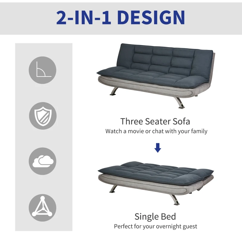 HOMCOM 2-IN-1 Three Seater Sofa Bed Single Bed Recliner Adjustable Wood Frame 185W x 97D x 84H cm