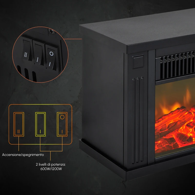 HOMCOM Camino Elettrico da Tavolo con Effetto Fiamma, Caminetto con Potenza Regolabile 600/1200W, Copertura 10-15m², Nero