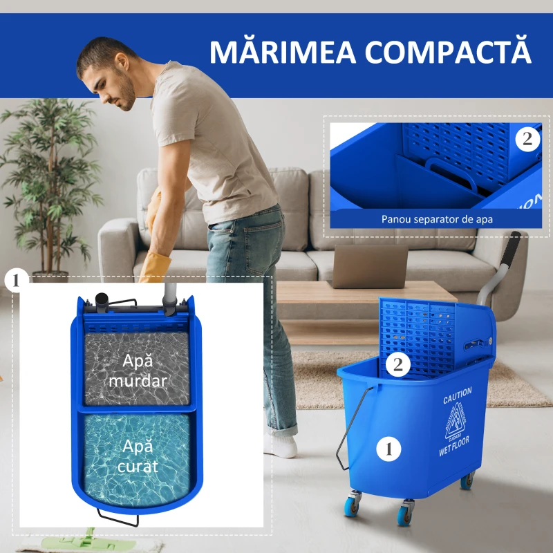 HOMCOM Cărucior Profesional pentru Curățenie cu Găleată pentru Mop de 20L, 60x27x70,5 cm, Albastru