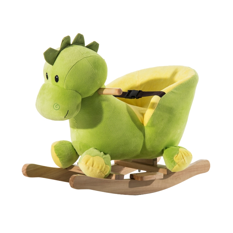 HOMCOM Cavalo de Baloiço em Forma de Dinossauro de Pélucia para Bebés 18-36 Meses com Sons Cinto de Segurança Guiador e Apoio para os Pés 60x33x45cm Verde
