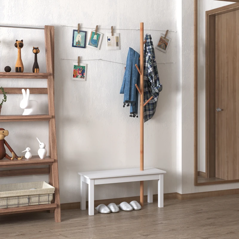 HOMCOM Cabide de Pé com Banco Pendurador Tipo Árvore Moderno 6 Ganchos para Pendurar Roupa Malas Corredor Entrada Bambu e MDF 80x30x180cm