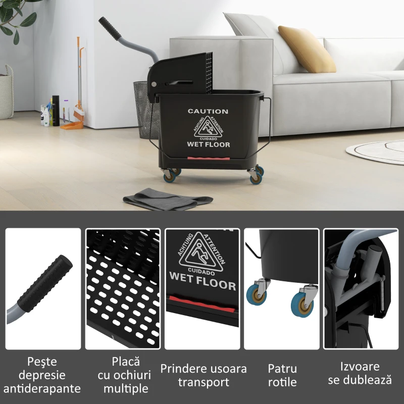 HOMCOM Cărucior Profesional pentru Curățenie cu Găleată pentru Mop de 20L, 60x27x70,5 cm, Negru