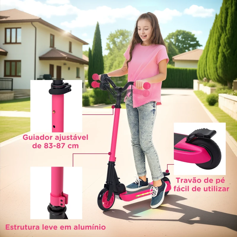SPORTNOW Trotinete Elétrica Dobrável para Crianças 120 W Autonomia 6 km e Máximo 10 km/h com Travão Luzes LED 74x52x83-87 cm Rosa