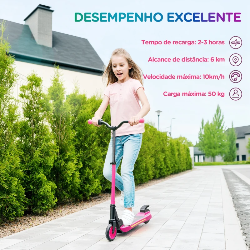 SPORTNOW Trotinete Elétrica Dobrável para Crianças 120 W Autonomia 6 km e Máximo 10 km/h com Travão Luzes LED 74x52x83-87 cm Rosa