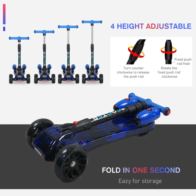HOMCOM Scooter for Kids Toddler 3 Wheel Adjustable Height w/ Flashing Wheels Music Water Spray Foldable Kick Scooter for Boys and Girls 3 - 6 Yrs Blue