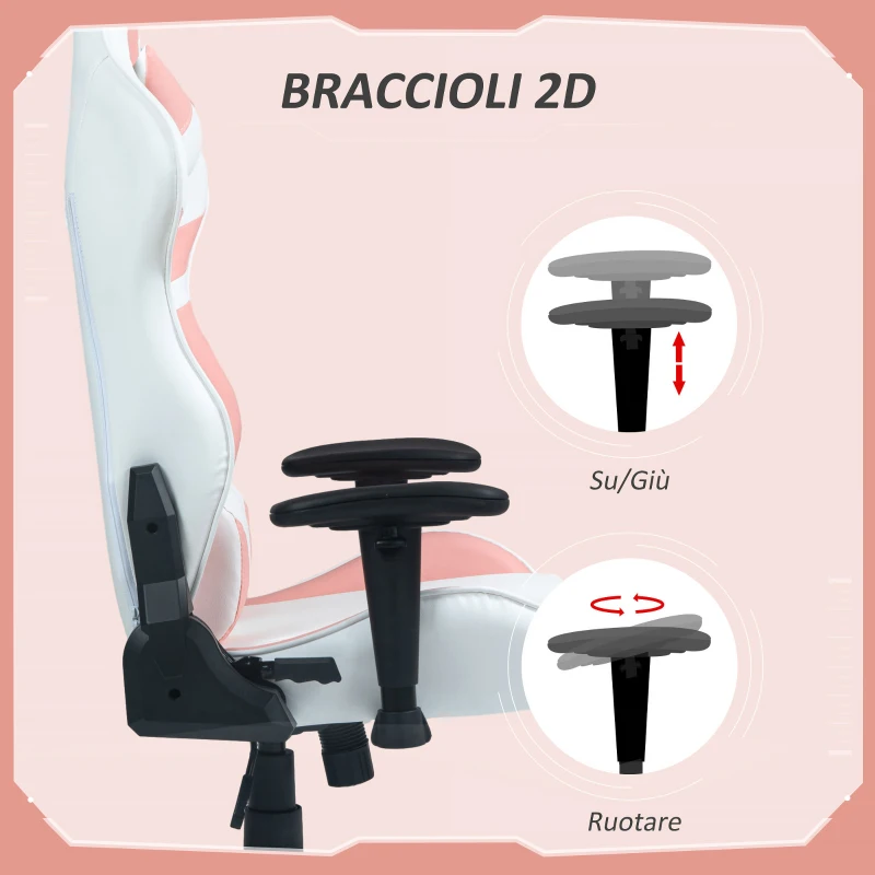 HOMCOM Sedia da Gaming in Finta Pelle Reclinabile Fino 155° con Poggiatesta e Supporto Lombare, Rosa