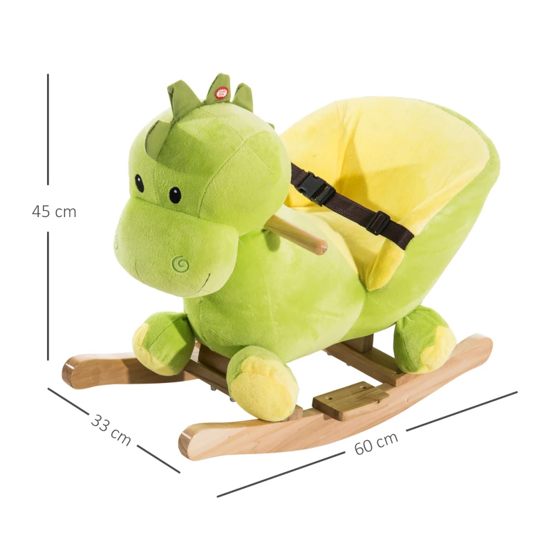 HOMCOM Cavalo de Baloiço em Forma de Dinossauro de Pélucia para Bebés 18-36 Meses com Sons Cinto de Segurança Guiador e Apoio para os Pés 60x33x45cm Verde